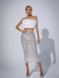 Women Sequined Faux fur Feather Top and Pant Two-Piece Set