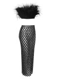 Women Sequined Faux fur Feather Top and Pant Two-Piece Set