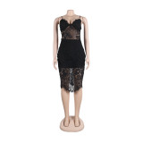 Women Sexy Sleeveless See-Through Lace Patchwork Halter Dress