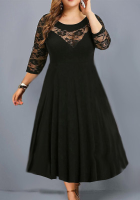 Plus Size Women lace Patchwork 3/4 Sleeve Dress