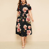 Plus Size Women Round Neck Short Sleeve Printed Chiffon Dress