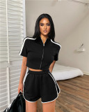 Women Casual Summer Solid Short Sleeve Zipper Crop Top and Shorts Two-Piece Set