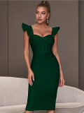 Women Solid Elegant Dress with Ruffle Sleeves