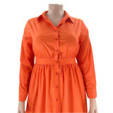 Plus Size Women Solid Turndown Collar Long Sleeve Shirt Dress