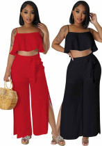 Women Summer Crop Top and Slit Pant Two-Piece Set