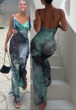 Women Summer Sexy V-Neck Camisole Backless Holidays Printed Chiffon Dress