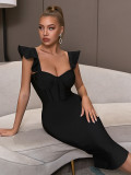 Women Solid Elegant Dress with Ruffle Sleeves