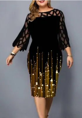 Autumn Digital Print Lace Patchwork Cropped Sleeves Plus Size Women's Dress