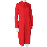 Classic Autumn Winter Women's Plus Size Dress Bow Knot Long Sleeve Dress