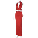 Party Reception Formal Party Red Long Dress Low Back Halter Neck Tie Dress Sexy Elegant Skirt Set