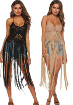 Women's Sheer Hook Sexy Halter Neck Lace-Up Cutout Long Tassel Solid Color Beach Cover Up