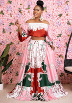 Plus Size Women's Floral Print Off Shoulder Short Two-Piece Swing Skirt Set