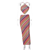 Summer Ladies Multi-Color Stripe Sexy Tether Low Back Wrapped Chest Slit Maxi Skirt Set