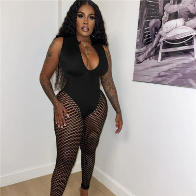 Women's Sexy See-Through Fishnet Hollow Solid Color High Waist Tight Fitting Casual Jumpsuit