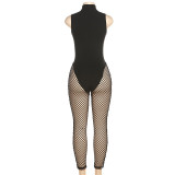 Women's Sexy See-Through Fishnet Hollow Solid Color High Waist Tight Fitting Casual Jumpsuit