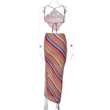 Summer Ladies Multi-Color Stripe Sexy Tether Low Back Wrapped Chest Slit Maxi Skirt Set