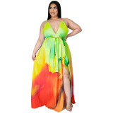 Women's Bohemian Floral Dress Low Back Slit Deep v Plus Size Maxi Dress