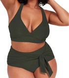 Sexy Solid Lace-Up Two Pieces Plus Size Swimsuit