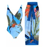 Two Piece Women's Swimwear Print V-Neck One Piece Swimsuit Skirt Set