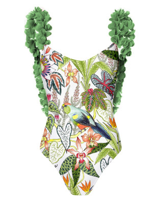 Fashion Petal Straps Print One-Piece Low Back Swimsuit
