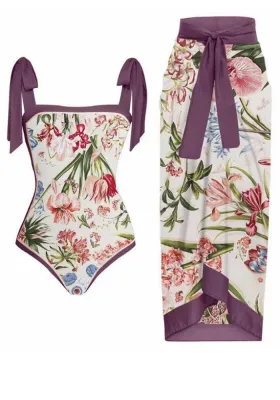 French Retro One-Piece Slim Fit Swimsuit Skirt Two Piece Set Holidays Beach Spa Swimwear