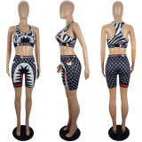 Women's Cartoon Print Sport Casual Two-Piece Cycling Shorts Set