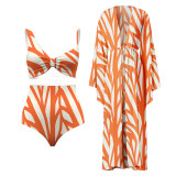 Four-Piece Fashion Swimwear Two Pieces Striped Print Swimsuit Cover Up Sun Protection Robe And Pants Set