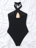 Solid Color Halter Strappy Sexy Low Back One Piece Swimsuit For Women