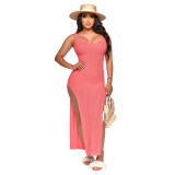 Women's Spring And Summer Beach V-Neck Long Knitting Slit Low Back Sexy Dress