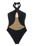 Solid Color Halter Strappy Sexy Low Back One Piece Swimsuit For Women
