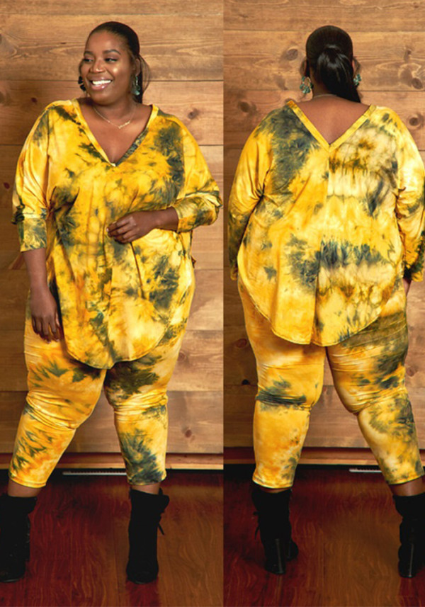 Plus Size Ladies Casual Fashion Tie Dye Long Sleeve V Neck Plus Size Two Piece Pants Set