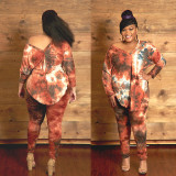 Plus Size Ladies Casual Fashion Tie Dye Long Sleeve V Neck Plus Size Two Piece Pants Set