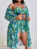 Women's Print Drawstring High Waisted Two Pieces Swimsuit Long Sleeve Blouse Plus Size Three-Piece Swimwear