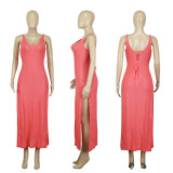 Women's Spring And Summer Beach V-Neck Long Knitting Slit Low Back Sexy Dress