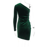 Vintage Green Velvet One Shoulder Slim Fit Ruched Bodycon Dress Chic Elegant Tight Fitting Slash Shoulder Dress