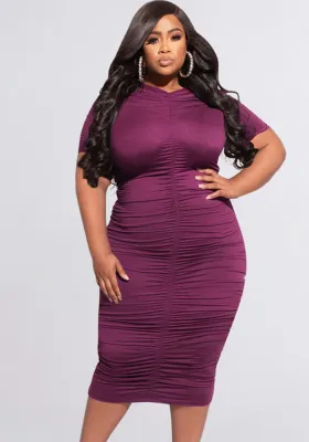 Summer Solid Color Ruched Short Sleeve Sexy Tight Fitting Plus Size Women's Dress