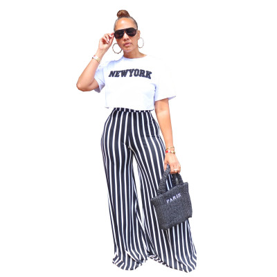 Ladies Printed Top Striped Loose Straight Leg Wide Leg Pants Two Piece Set