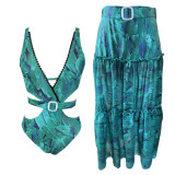Two Pieces Of Women's Swimwear Sexy Deep V Neck Printing One-Piece Swimsuit Long Skirt Set