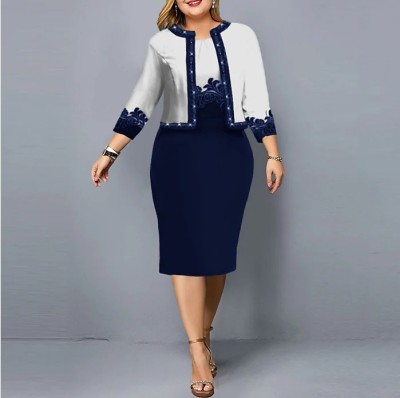 Spring Autumn 3/4 Sleeve Digital Printing Two-Piece Suits Plus Size Women's Bodycon Dress Coat Set