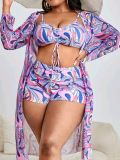 Women's Print Drawstring High Waisted Two Pieces Swimsuit Long Sleeve Blouse Plus Size Three-Piece Swimwear