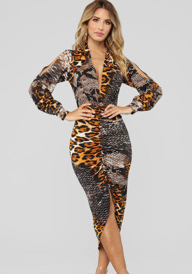 Irregular Ruched Long-Sleeved Deep V Neck Leopard Print Spring And Autumn Women's Dress