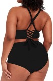 Sexy Solid Lace-Up Two Pieces Plus Size Swimsuit