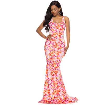 Women's Summer Tie Dye Print Tight Fitting Low Back Sexy Straps Mermaid Dress