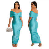 Women's Fashion Solid Color Ruched Sexy Off Shoulder Slim Long Dress For Women