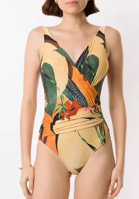 Two Piece Women's Swimwear Print V-Neck One Piece Swimsuit Skirt Set