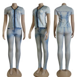 Women's Fashion Print Short Sleeve T-Shirt + Pants Casual Two-Piece Set