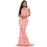 Women's Summer Tie Dye Print Tight Fitting Low Back Sexy Straps Mermaid Dress