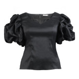 Fashion V-Neck Lantern Sleeve Short Top Casual Slim Waist Slim Fit Women's T-Shirt T-Shirt
