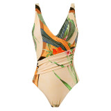 Two Piece Women's Swimwear Print V-Neck One Piece Swimsuit Skirt Set