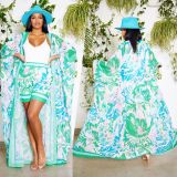 Chiffon Printed Blouse And Shorts Set Sunscreen Long Sleeve Cardigan Beach Holidays Stylish Two-Piece Set